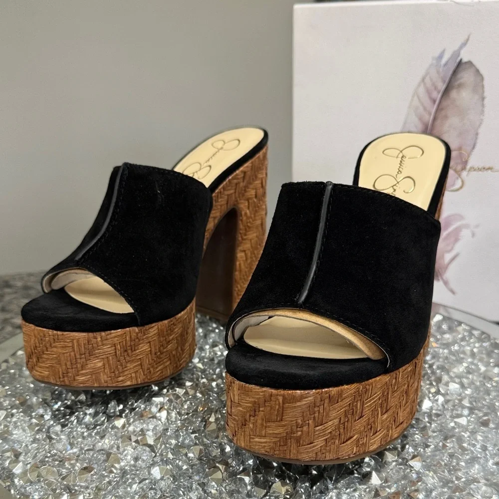 Jessica Simpson Black Suede Platform Mule Heels with Woven Brown Platform